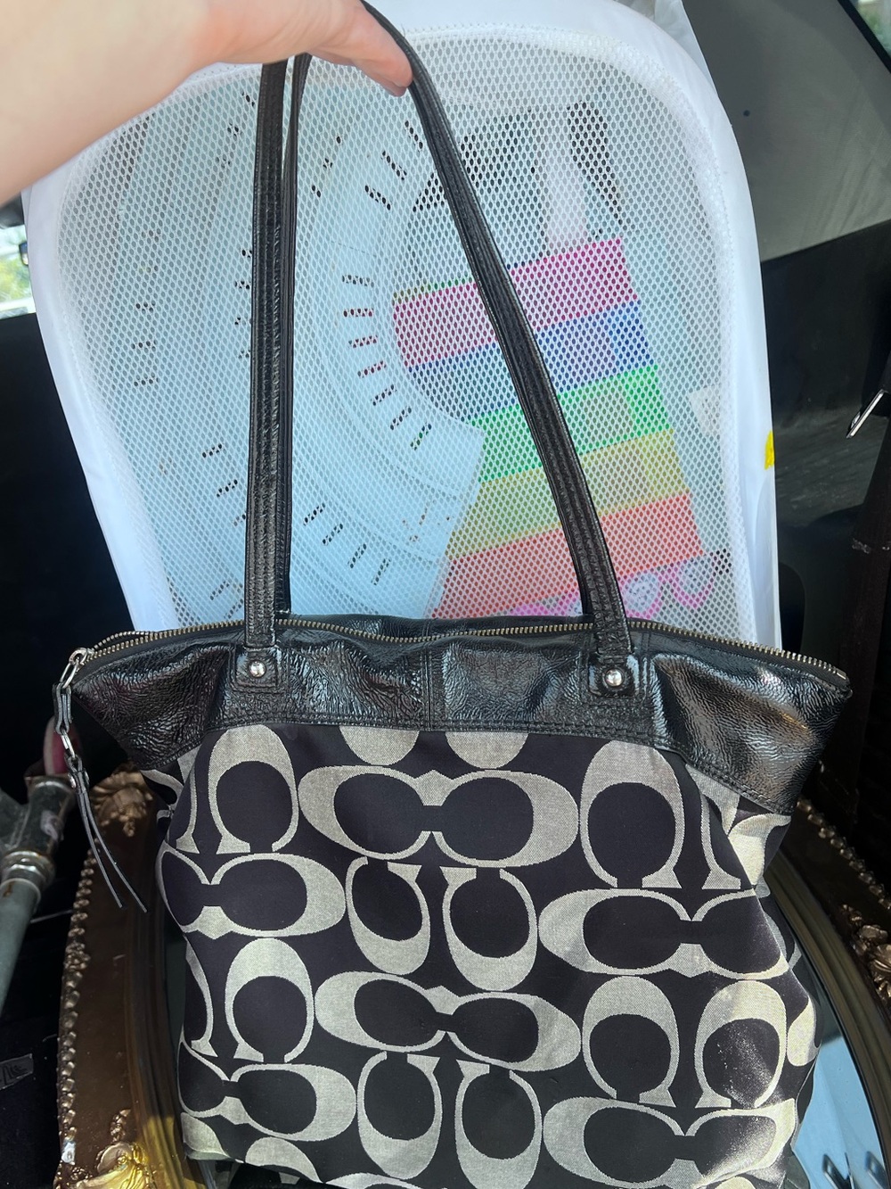 Y2K Coach Black and Laura tote Signature Canvas Tote with Leather Trim - Picture 3 of 12